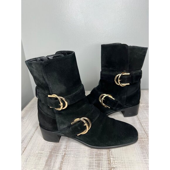 Stuart Weitzman Britain Black Suede Ankle Boots With Gold Buckles Zipper 6 - Picture 5 of 12